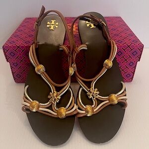 Tory Burch Capri Sandal 10 Mocha brown/toasted bark/gold